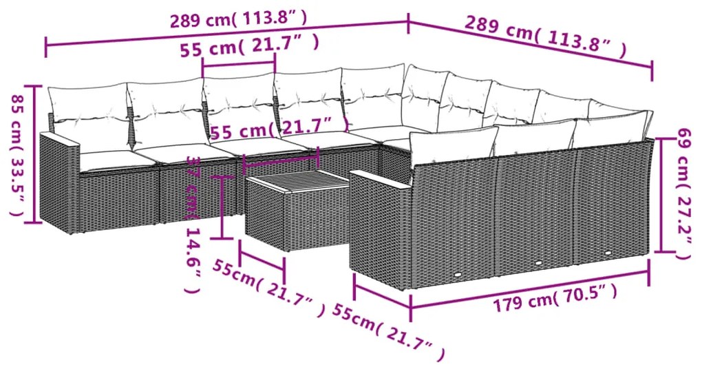 Set divani da giardino 12 pz con cuscini beige in polyrattan