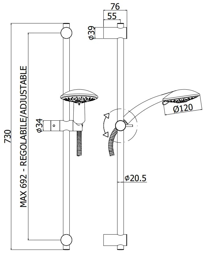 Paffoni Prestige Zsal118 asta doccia 73 cm con saliscendi in metallo doccetta e flessibile doppia aggraffatura 150 cm cromo