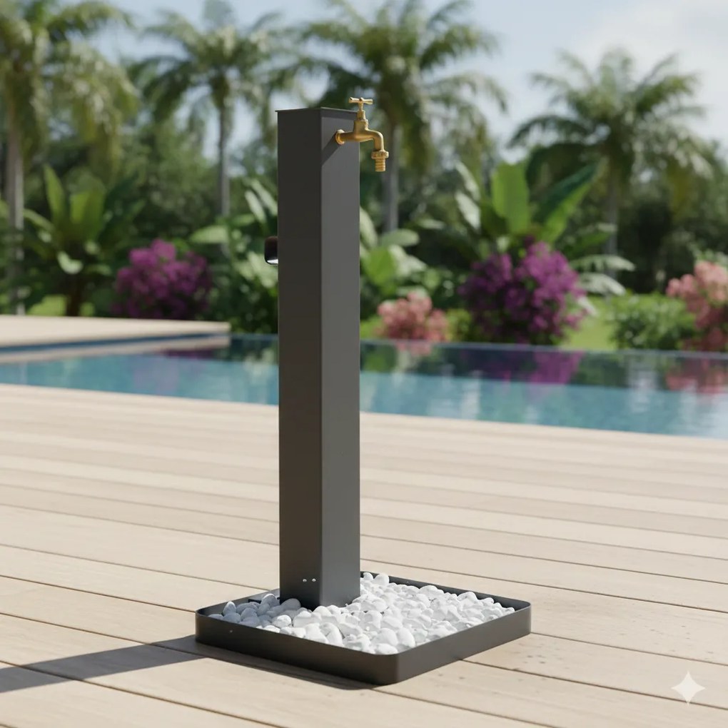 Fontana da Giardino Design a Colonna Quadrata Rubinetto in Ottone e Base con Ciottoli Antracite...