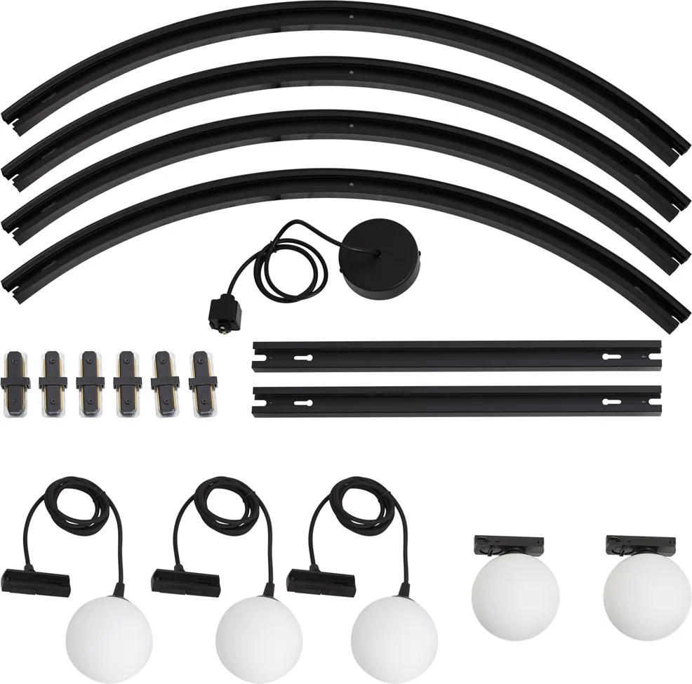 Sistema di illuminazione a binario ovale moderno nero con 3 luci a sospensione e 2 plafoniere bianche monofase - Iconic Perle