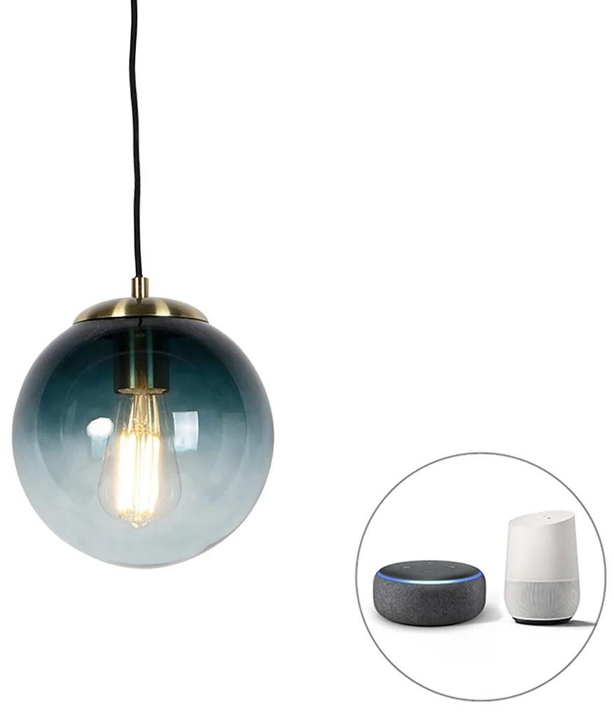 Lampada a sospensione intelligente in ottone con vetro blu oceano 20 cm incl. Wifi ST64 - Pallon
