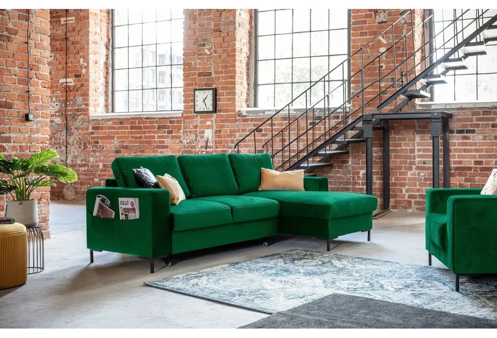 Divano letto angolare in velluto verde, angolo destro Lofty Lilly - Miuform
