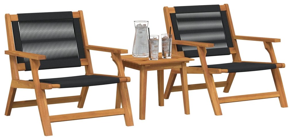 Set di sedie da giardino con tavolo, 3 pezzi, nero, legno massello di acacia