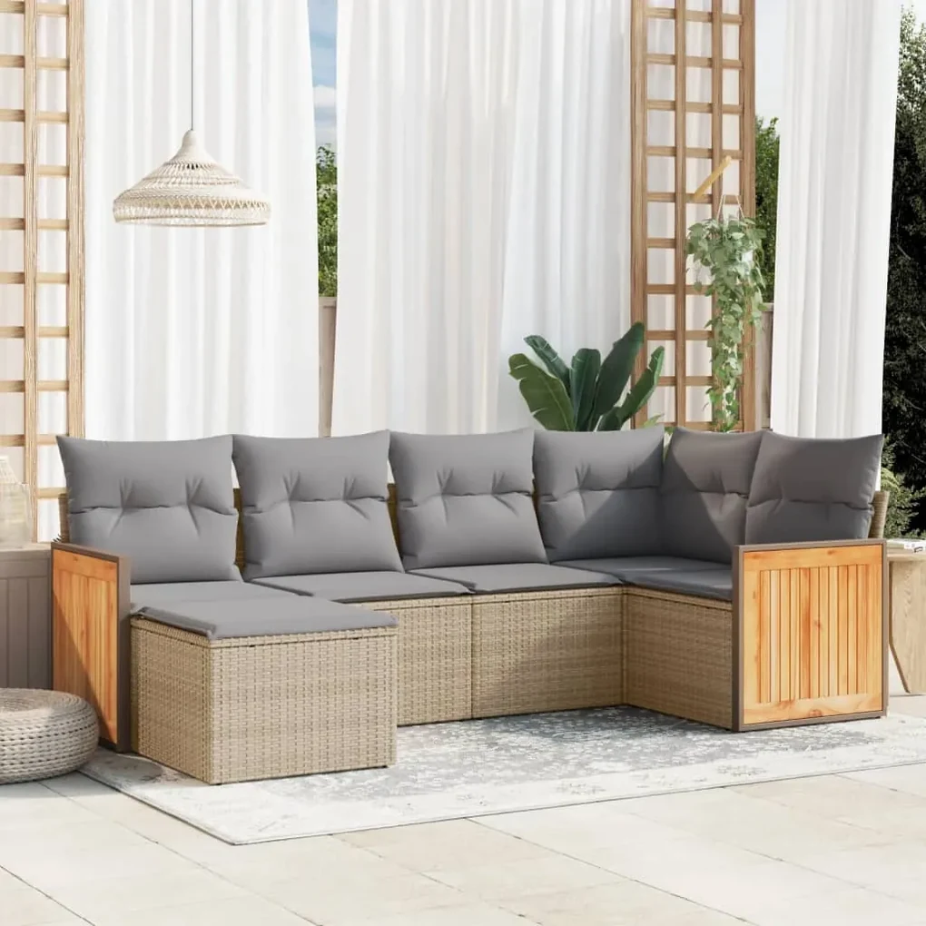 Set divano da giardino 6 pz con cuscini beige in polyrattan