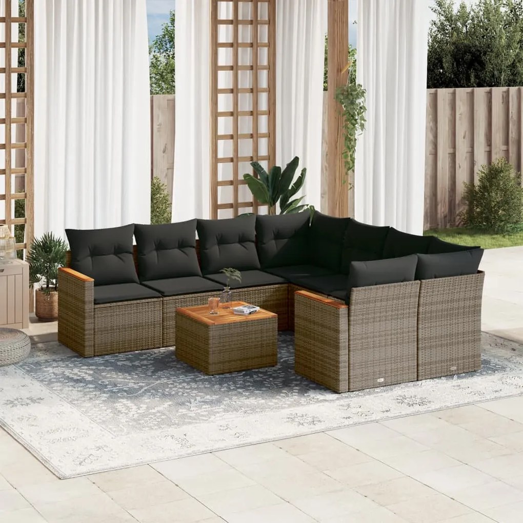 Set divano da giardino 9 pz con cuscini grigio in polyrattan