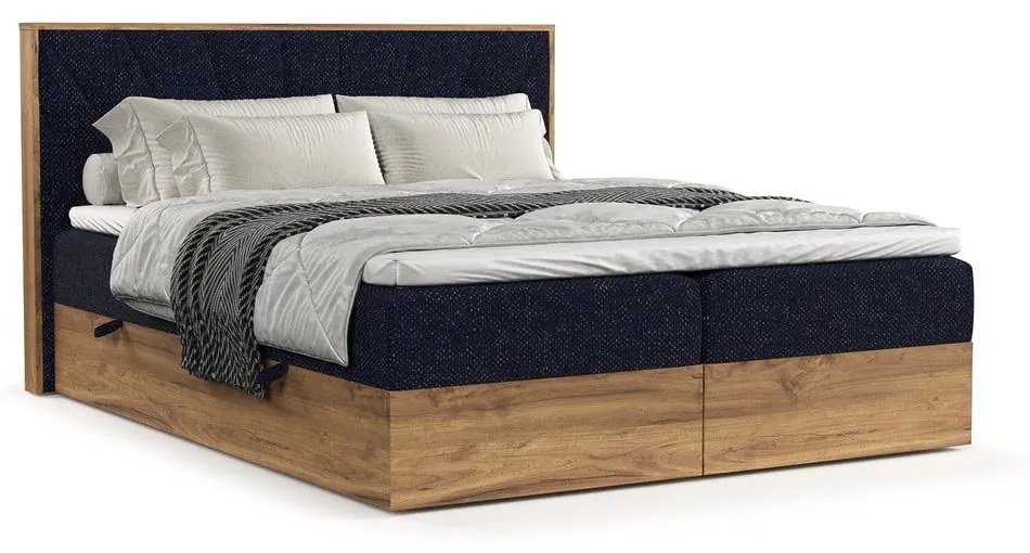 Letto boxspring con contenitore in blu scuro-naturale 200x200 cm Asahi - Maison de Rêve