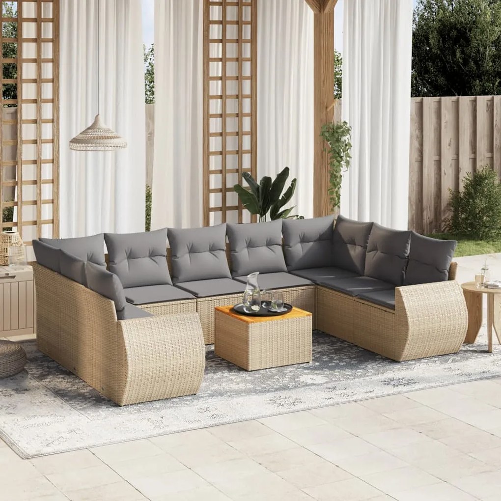 Set Divano da Giardino 10 pz con Cuscini Beige in Polyrattan