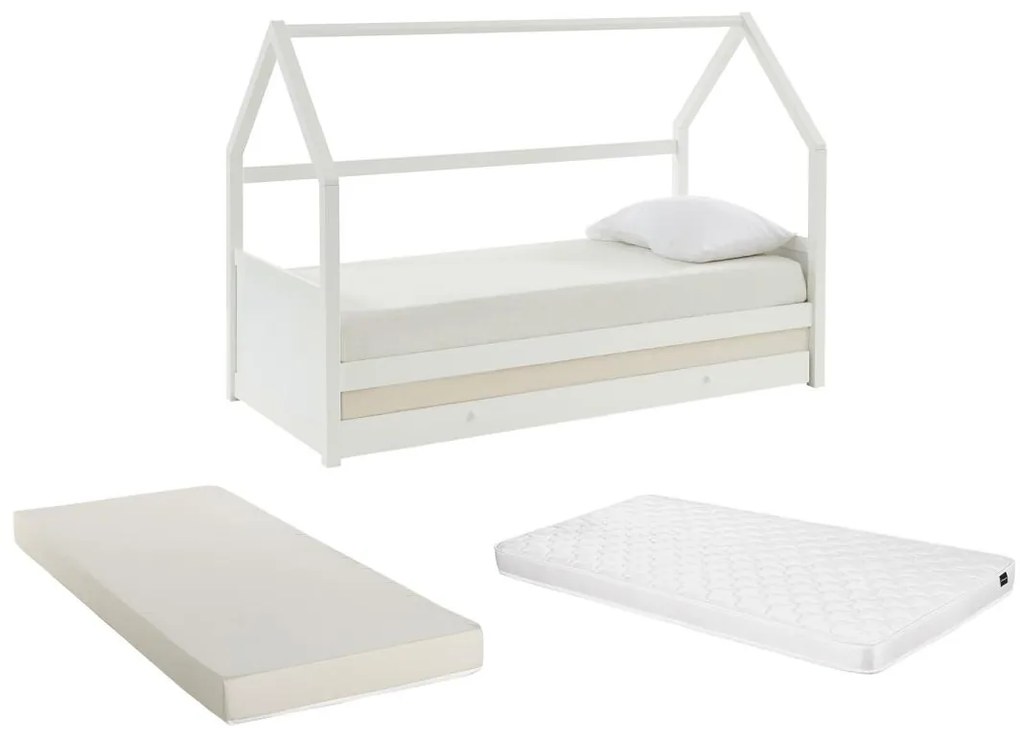 Letto a scomparsa a capanna 2 x 90 x 190 cm Pino Bianco + Materasso - HURRA