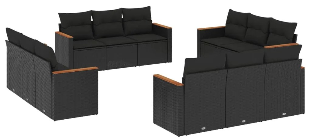 Set divani da giardino 12 pz con cuscini nero in polyrattan