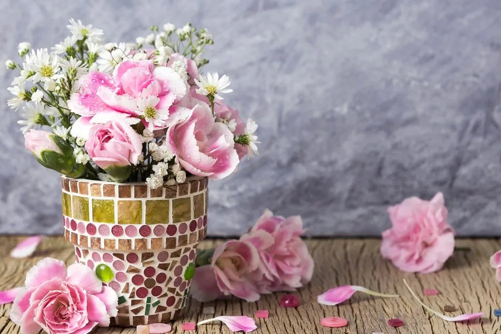 Quadro su tela – Fiori di garofano in vaso a mosaico