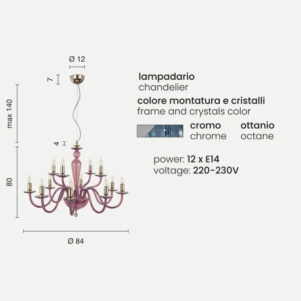 Lampada a sospensione PAGANINI a 12 LUCI in vetro lavorato a mano D84 cm OTTANIO