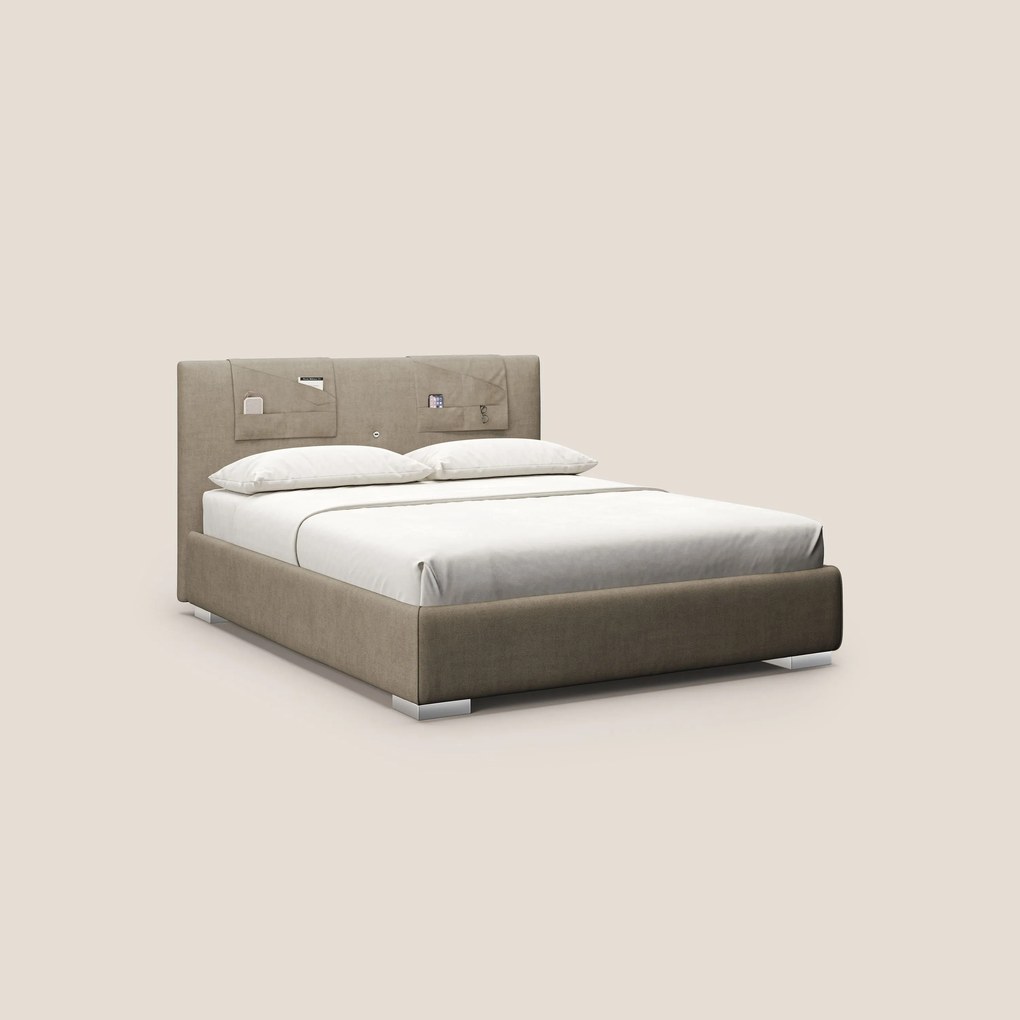 Horus letto imbottito contenitore e presa USB sulla testata in tessuto impermeabile T02 beige