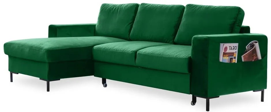 Divano letto angolare in velluto verde, angolo sinistro Lofty Lilly - Miuform