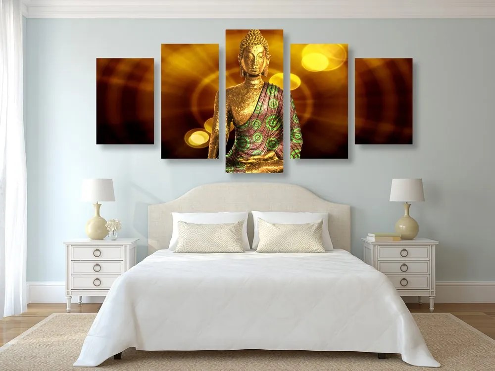 Quadri 5 pezzi – Statua di Buddha con sfondo astratto
