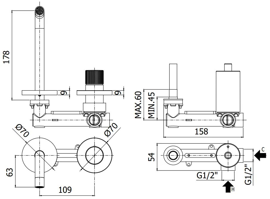 Paffoni Jo Jo104no70 Miscelatore lavabo Incasso 2 Fori 2 Piastre e Bocca Mm 123 Nero Opaco