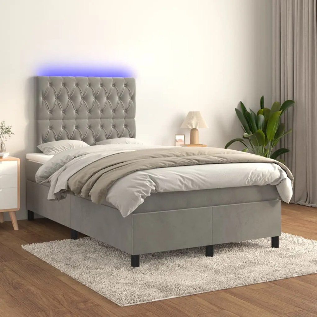 Letto a molle materasso e led grigio chiaro 120x200 cm velluto