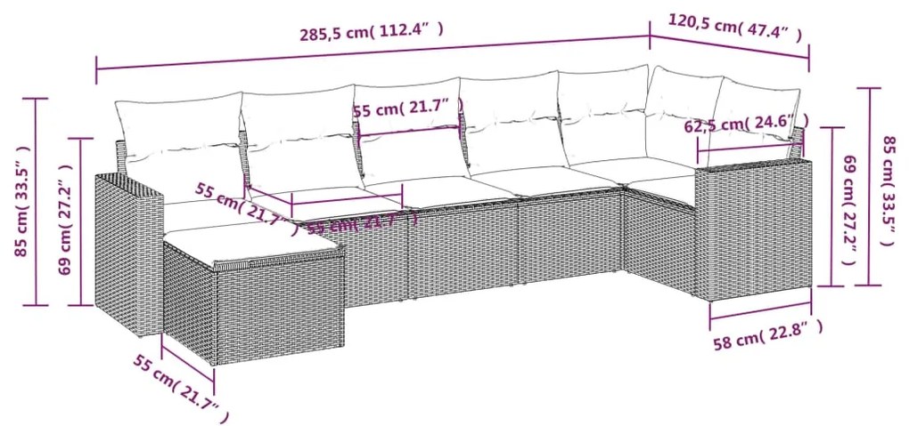 Set Divani da Giardino 7 pz con Cuscini Beige in Polyrattan