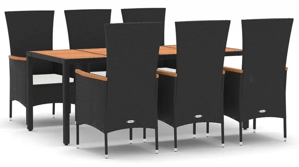 Set da pranzo da giardino 7 pz nero con cuscini in polyrattan