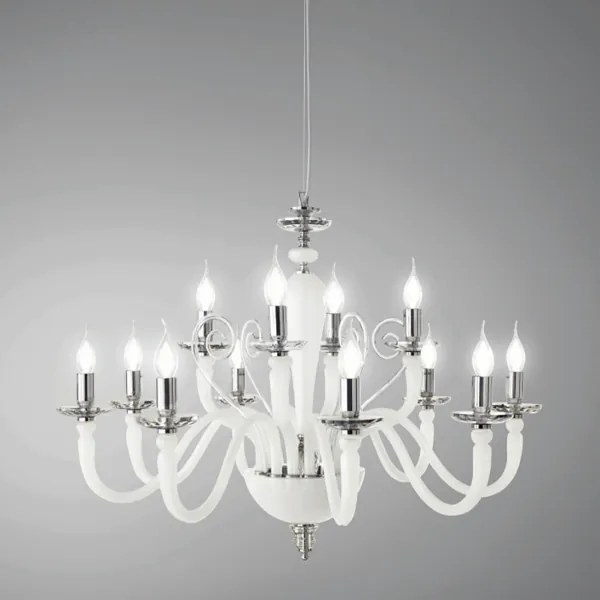 Lampada a sospensione DEBUSSY in vetro lavorato a mano D84 cm Bianco Satinato 12 LUCI