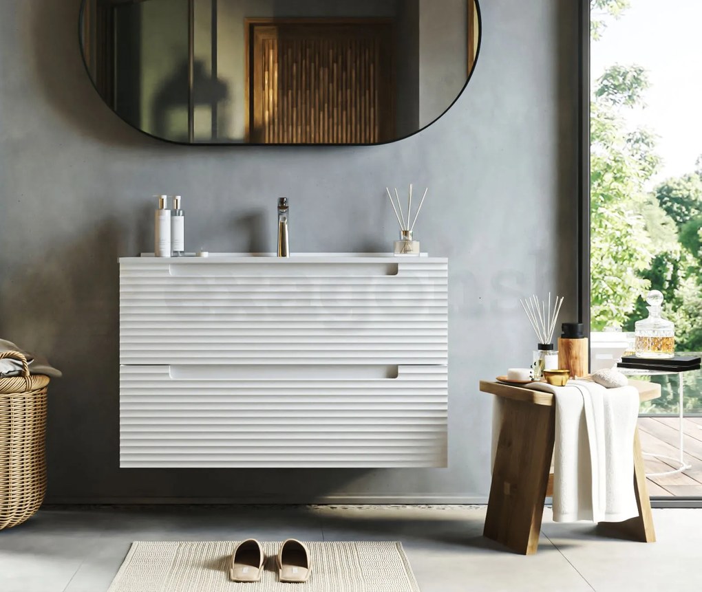 Mobile bagno bianco opaco 100x45 Mango due cassetti soft close con lavabo in ceramica lucida