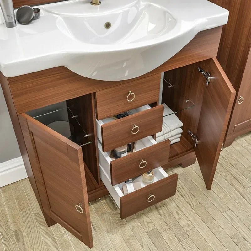 Mobile bagno a terra 105 cm noce con specchio lampada e pensile Romantica