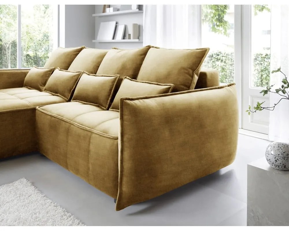 Divano angolare giallo allungabile/con contenitore (con penisola a sinistra/con chaise lounge) e rivestimento in velluto Campo – ELTAP