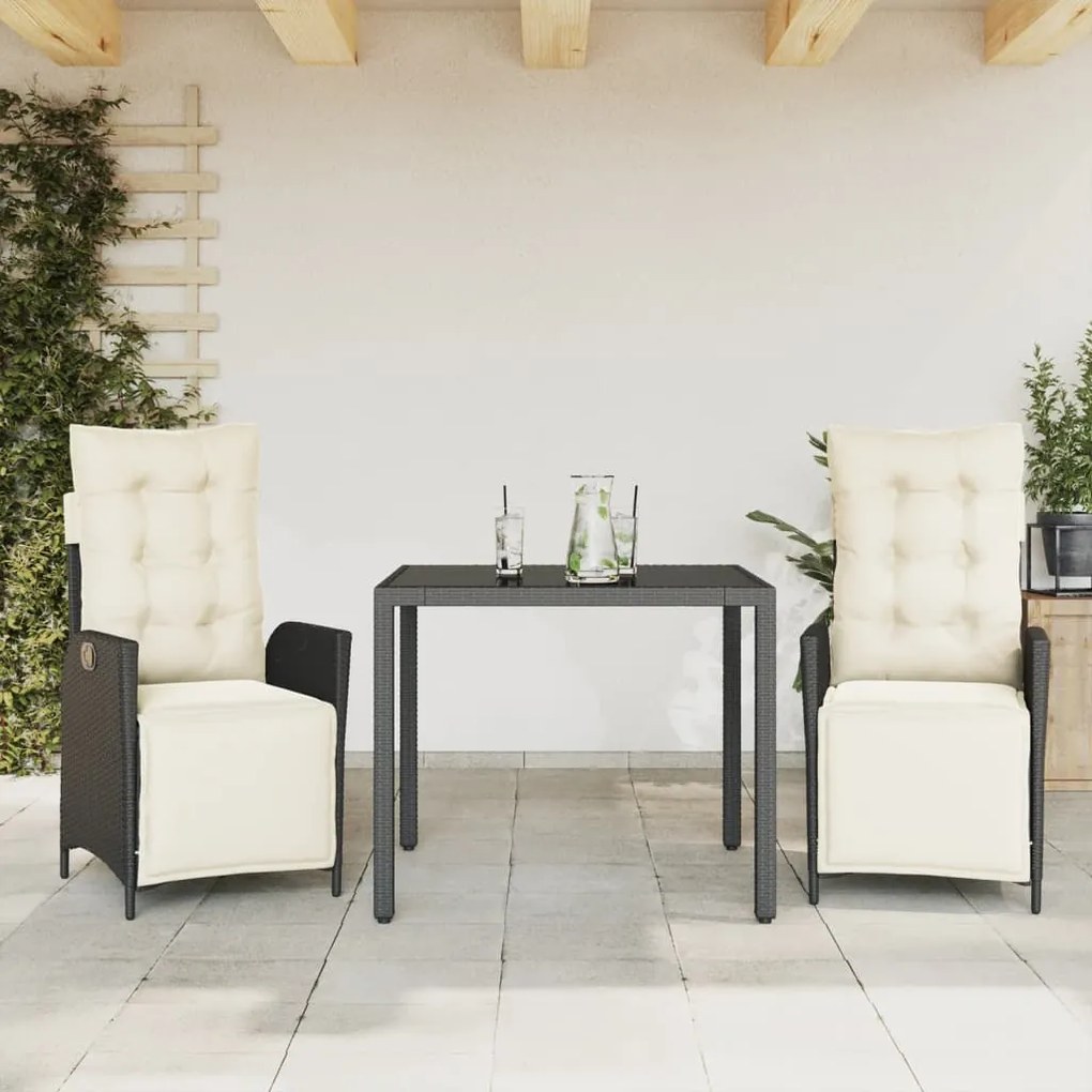 Set Da Pranzo Da Giardino 3 Pz Con Cuscini Nero İn Polyrattan /