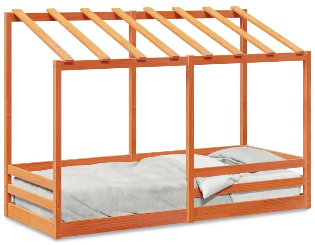 Letto bambini con tetto marrone cera 90x190 cm massello pino
