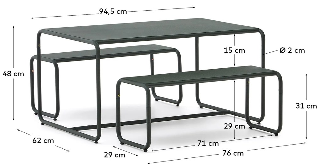 Kave Home - Set infantile Sotil con 2 panche e tavolo in acciaio galvanizzato, finitura verde 95 x 62