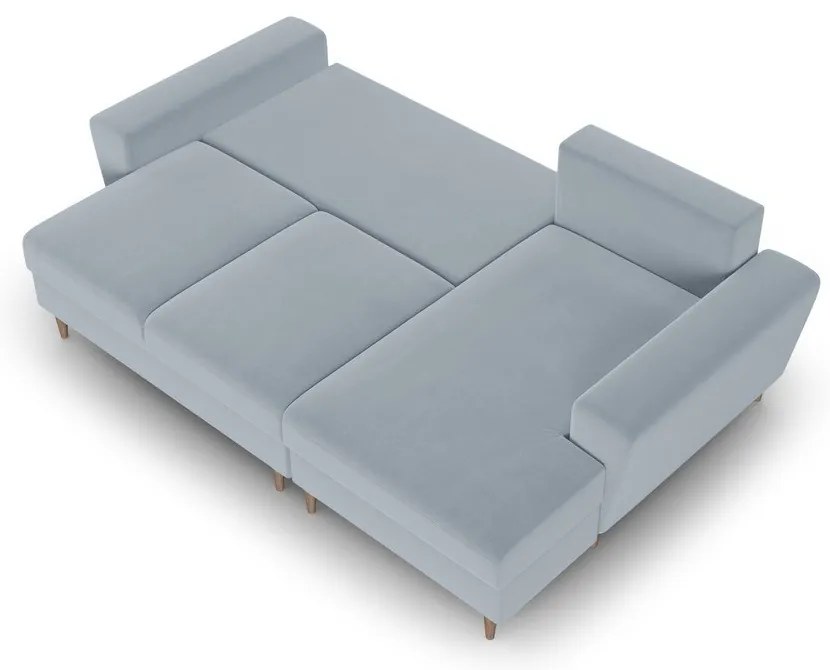 Divano angolare azzurro allungabile e con contenitore (con penisola a destra/con chaise lounge) con rivestimento in velluto Kyoto – Cosmopolitan Design