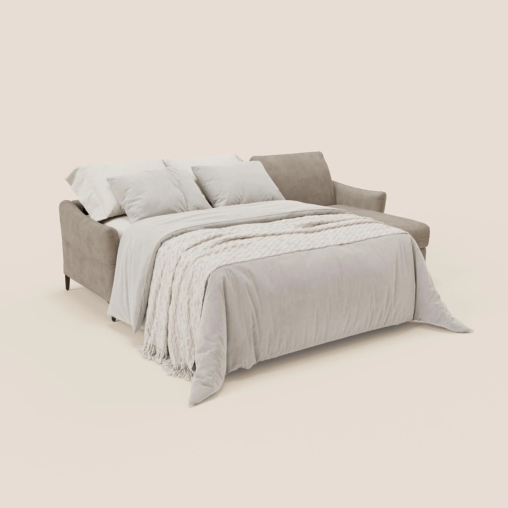 Dalia divano letto angolare con materasso alto 18 cm piedini alti e penisola contenitore in tessuto smacchiabile T17 beige