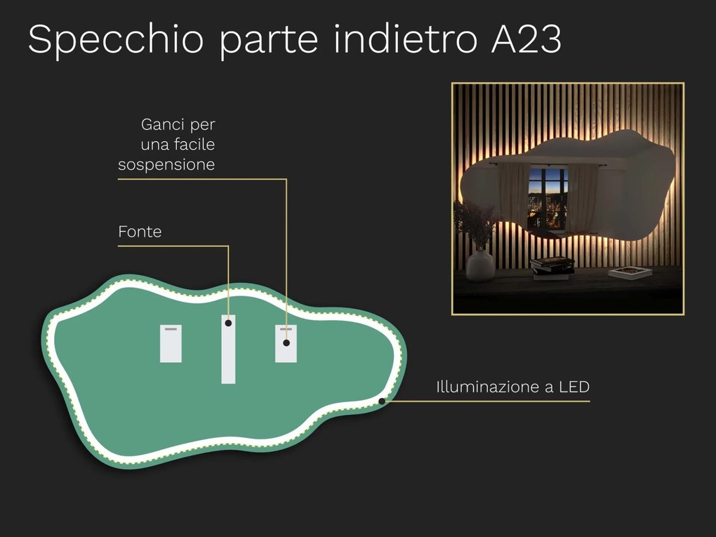 Specchio organico LED con illuminazione A23 60x32