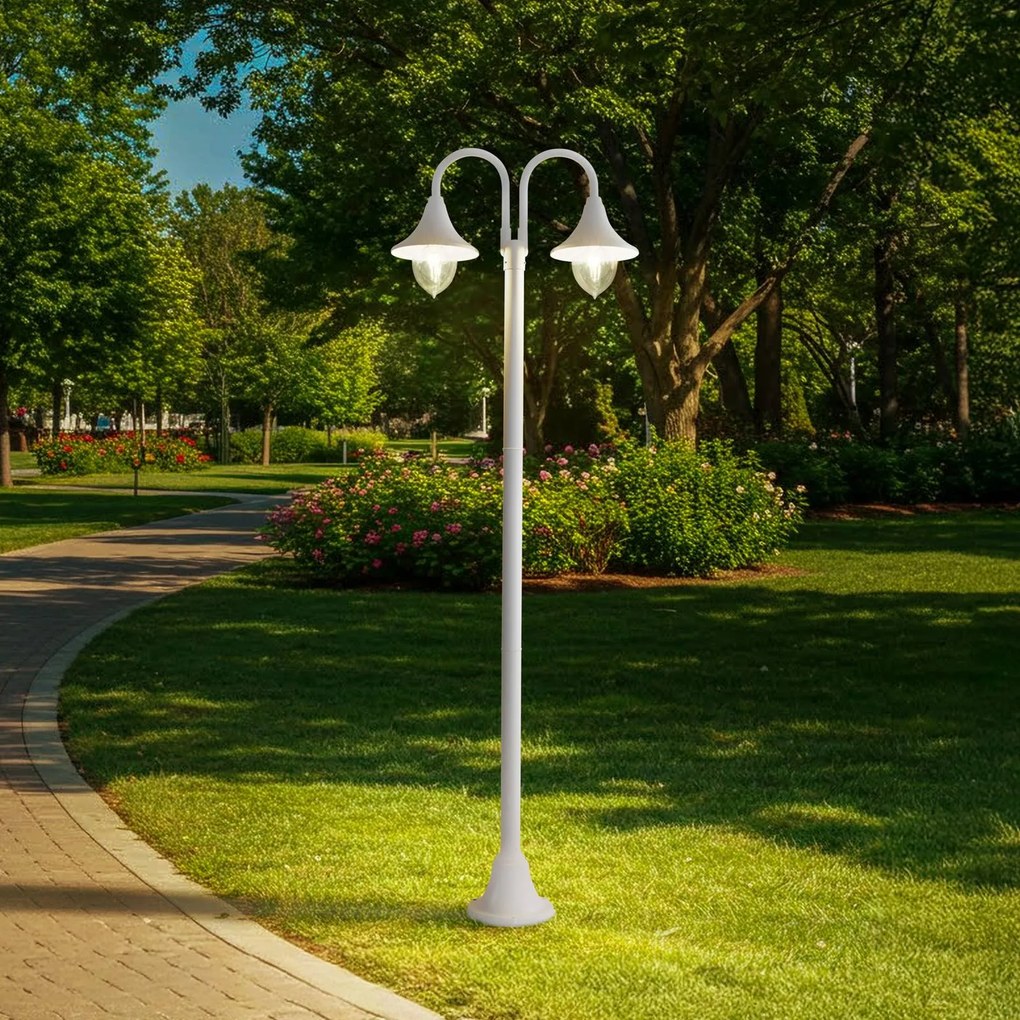 Lindby lampada da esterno Madea, bianca, a 2 luci, 213 cm, E27, IP44