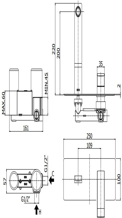 Paffoni Level Lea104cr Miscelatore lavabo Incasso 2 Fori Con Piastra Rettangolare E Bocca Cromo