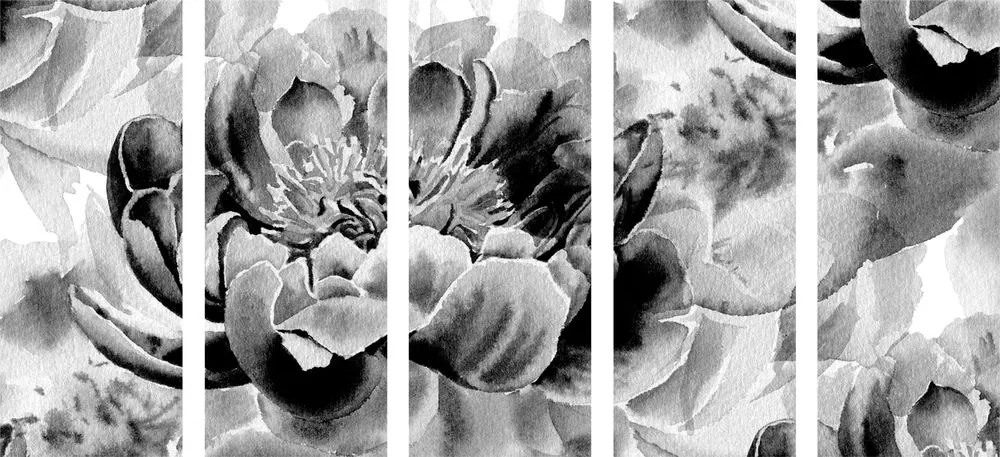 Quadri 5 pezzi – Peonie in bianco e nero