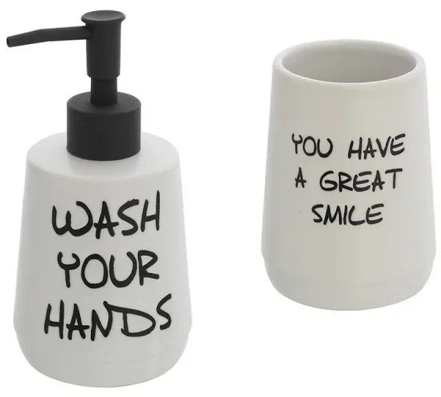 Set accessori linea Wash dispenser + portaspazzolini bianco con scritte