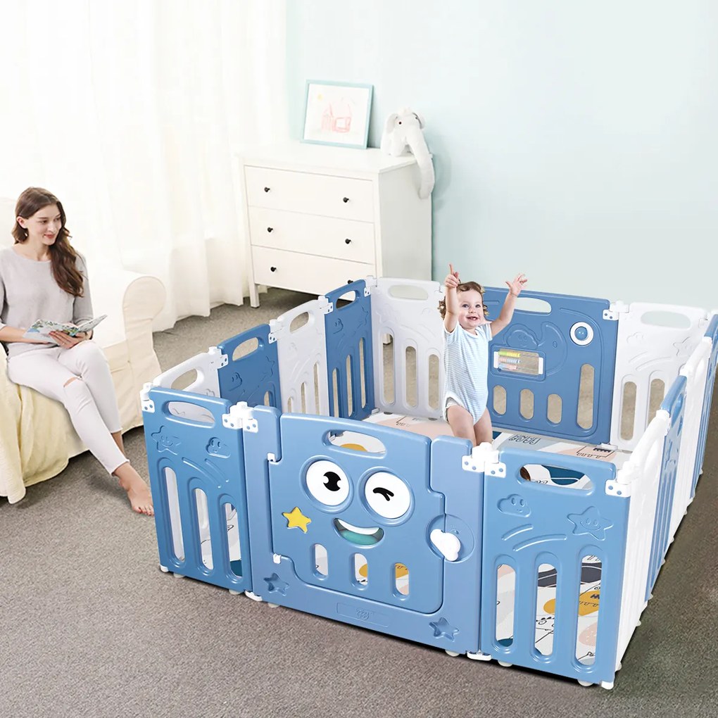 Costway Recinto per bambini con 14 pannelli pieghevoli porta richiudibile, Box per bambini da interno 160x118x65cm Blu