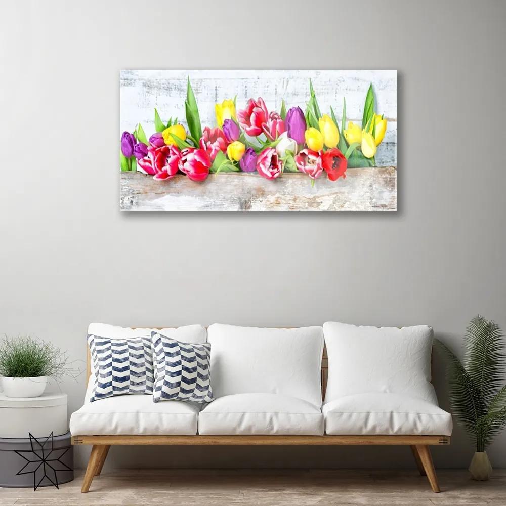 Quadro in vetro acrilico Tulipani, fiori, natura 100x50 cm
