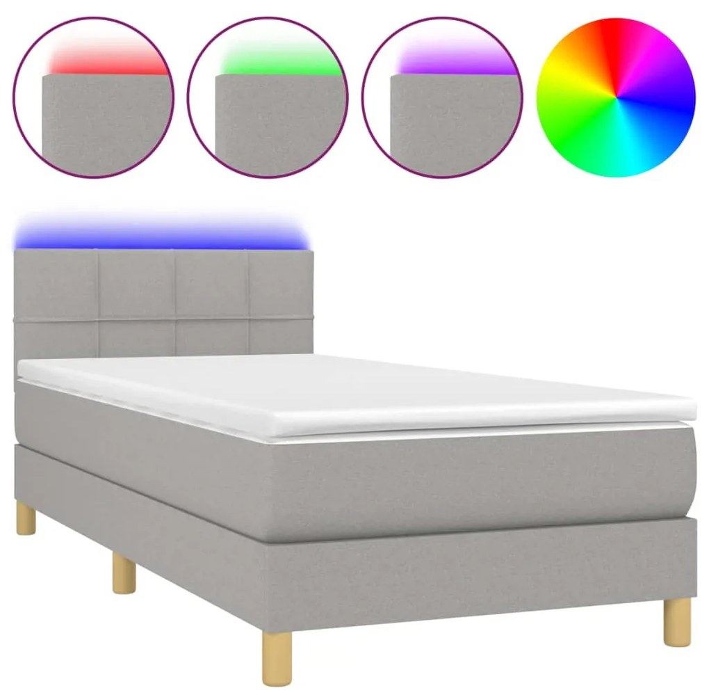 Letto a molle materasso e led grigio chiaro 100x200 cm tessuto