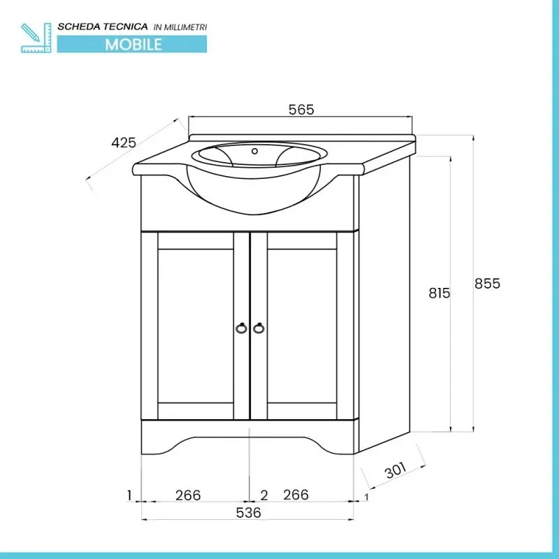Mobile bagno a terra 55 noce con lavabo specchio e lampada Romantica