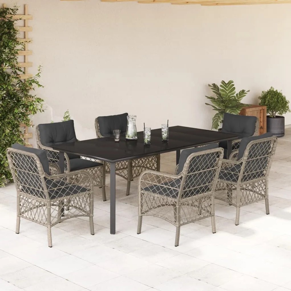 Set da pranzo da giardino 7 pz cuscini polyrattan grigio chiaro