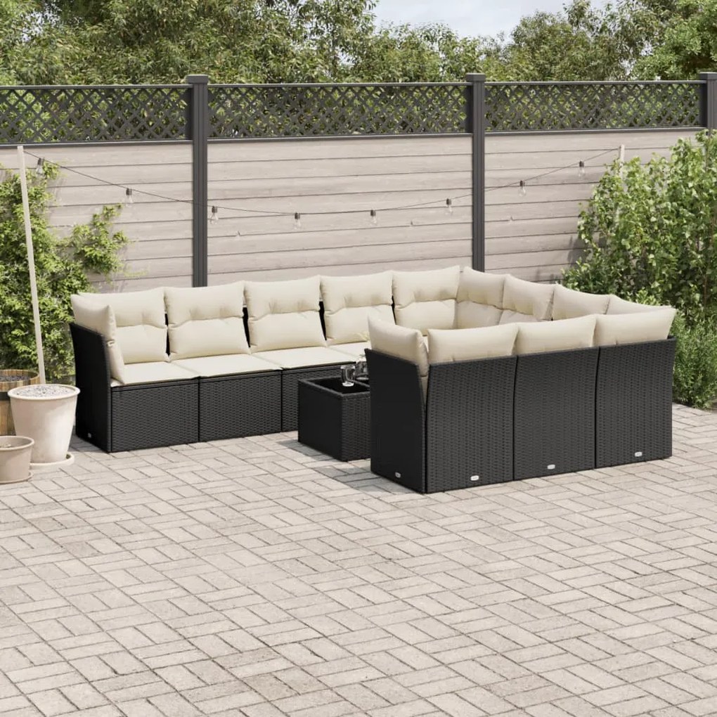 Set divani da giardino 11 pz con cuscini in polyrattan nero