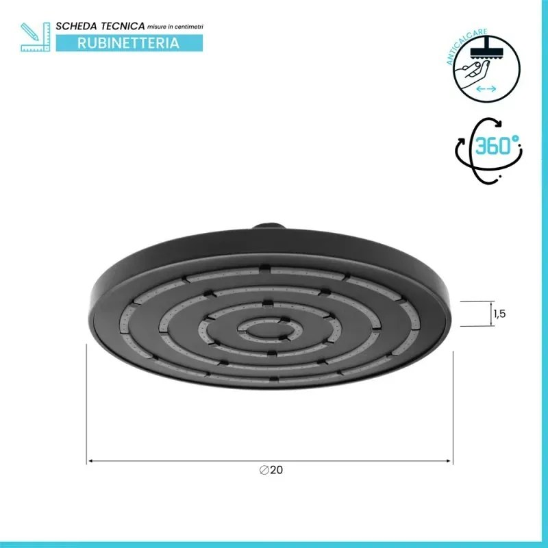 Soffione doccia Ø 20 cm in finitura nero anticalcare Hidra