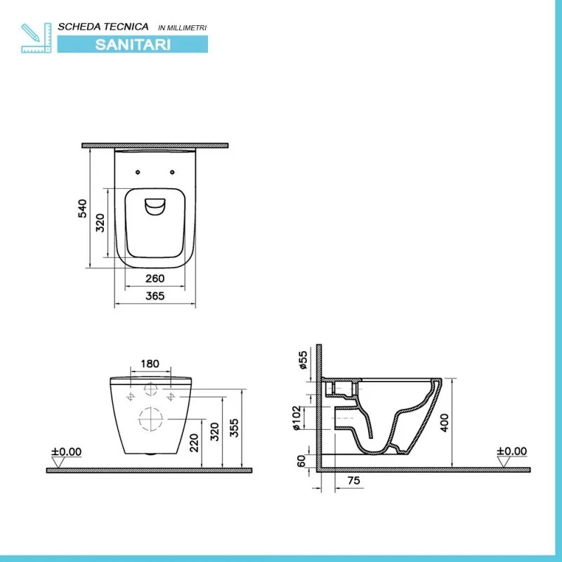 Wc sospeso senza brida Rimless in ceramica bianco lucida   Square