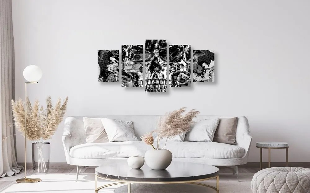 Quadri 5 pezzi – Teschio artistico in bianco e nero
