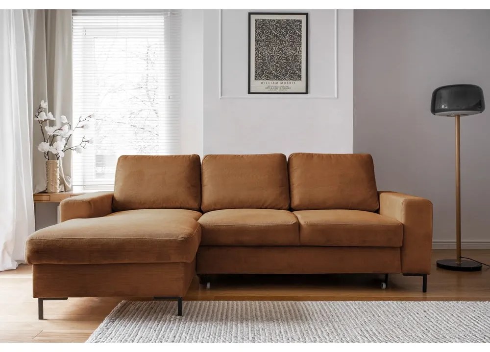 Divano letto angolare in velluto a coste arancione (angolo sinistro) Lofty Lilly - Miuform