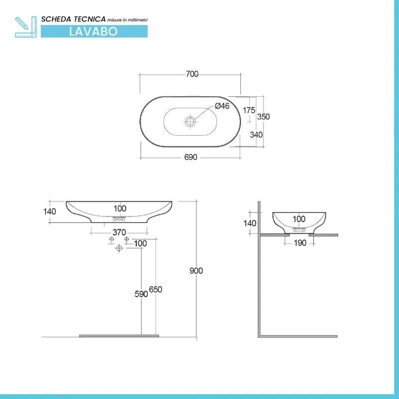 Lavabo d'appoggio 70cm ovale in ceramica bianca Rak Des