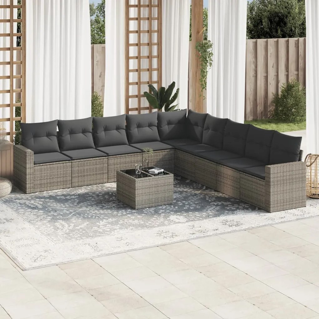 Set Divano da Giardino 10 pz con Cuscini Grigio in Polyrattan