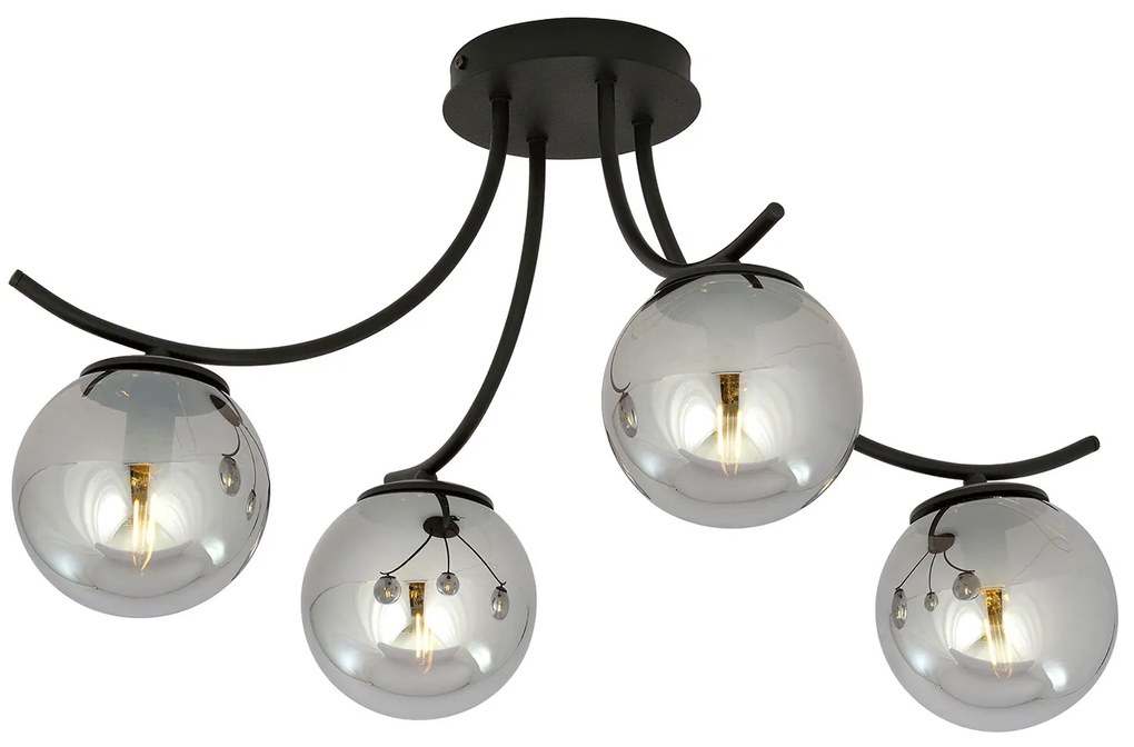 Plafoniera Moderna 4 Luci Coeo In Acciaio Nero E Diffusori In Vetro Fumè