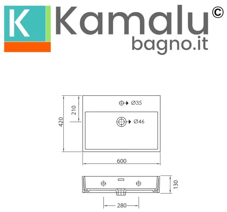 Kamalu - Lavabo sospeso 60 cm squadrato in ceramica bianca | Litos-DF60
